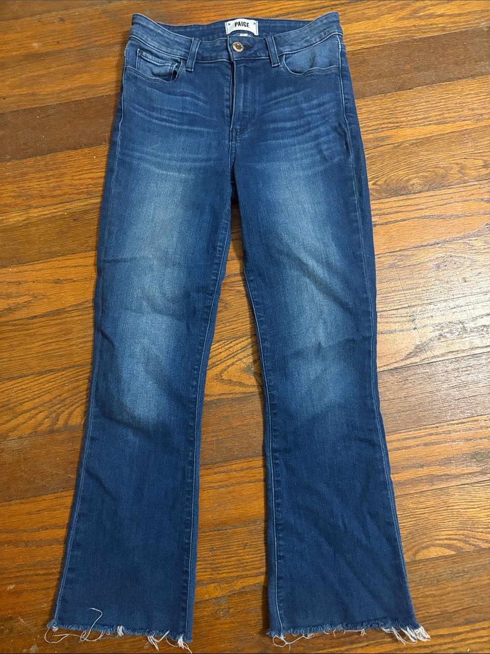 PAIGE Colette Crop Flare Jeans Blue Raw Hem Size 26